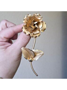 Vintage Gold Tone Dimensional Flower Brooch Long Stem Floral Statement Pin 4.5"